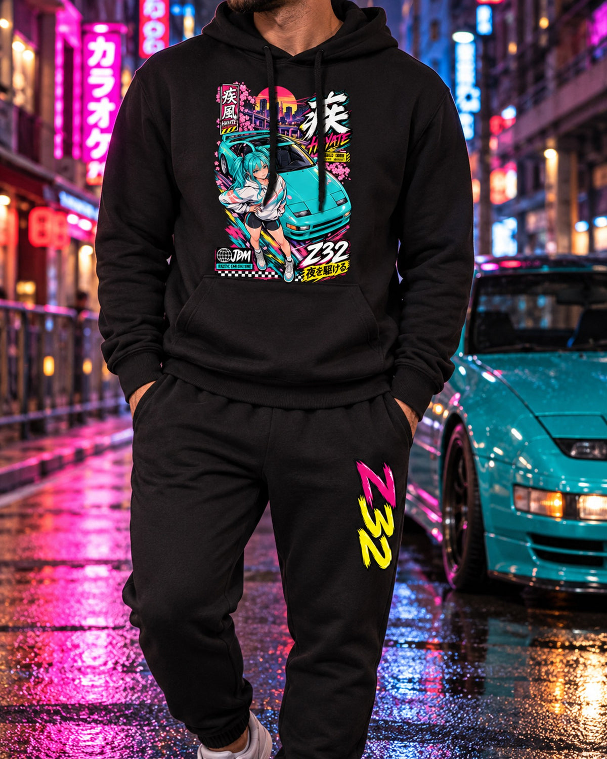 Z32 Hayate Anime Girl Poster Hoodie + Jogger Set Black worn hero