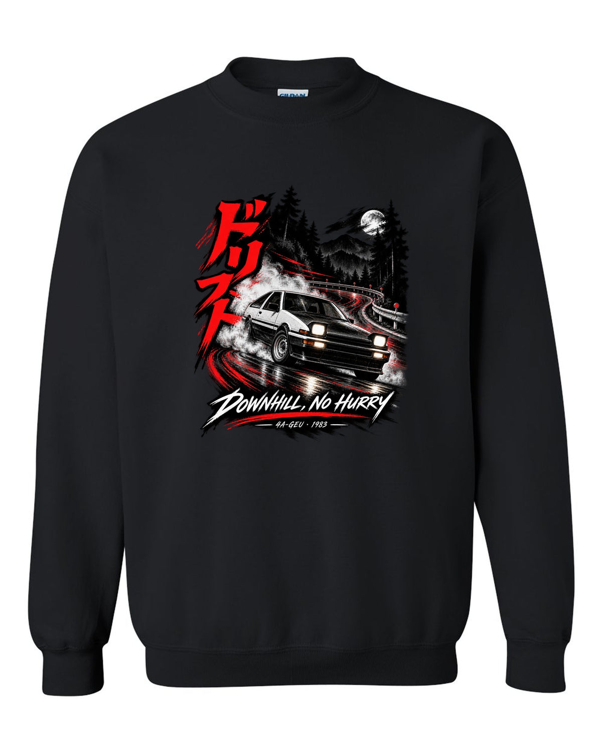 Touge night print of a Toyota Sprinter Trueno AE86 zenki with drift kanji and Downhill No Hurry text black crewneck front view with the design