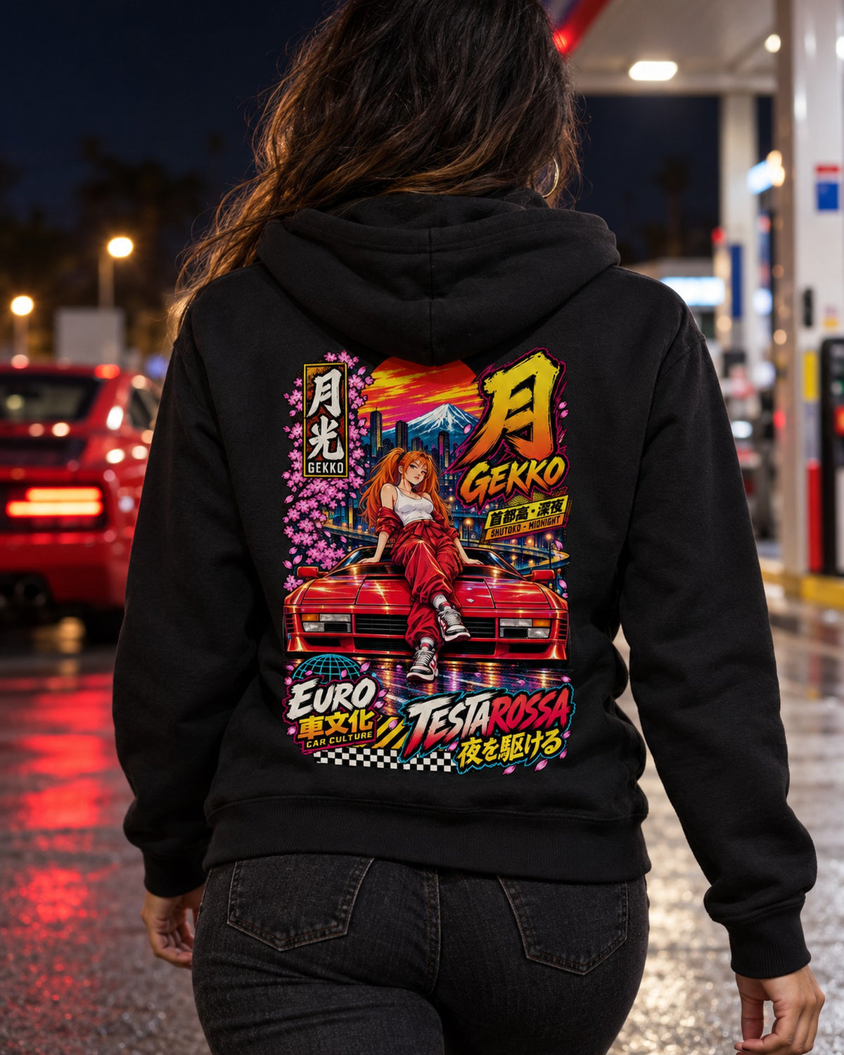 GEKKO TESTAROSSA Anime Girl Full-Back Graphic Tee Zip Hoodie Black worn hero
