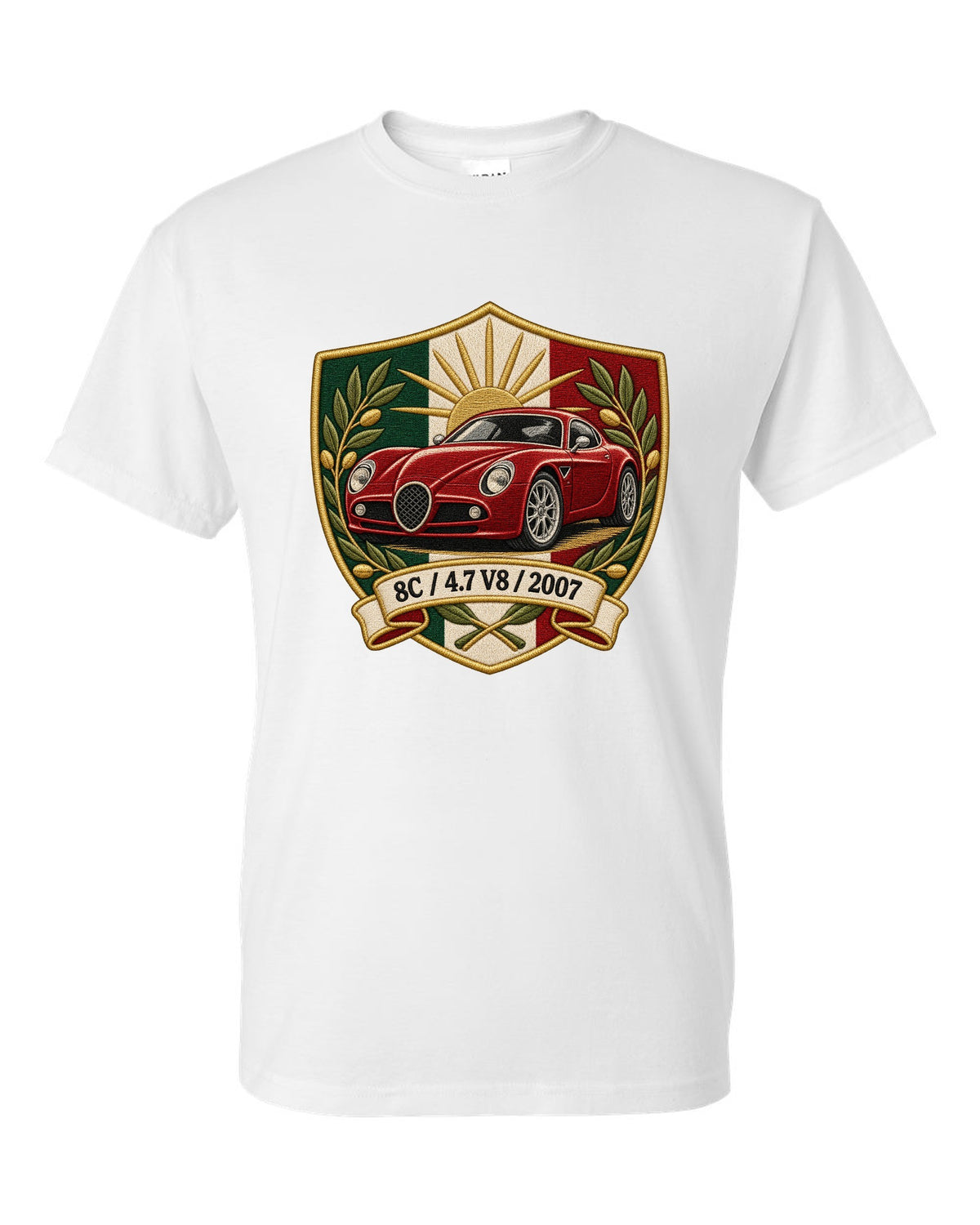 Embroidery style varsity crest for an Alfa Romeo 8C Competizione with 4.7 V8 and 2007 white t-shirt front view with the design