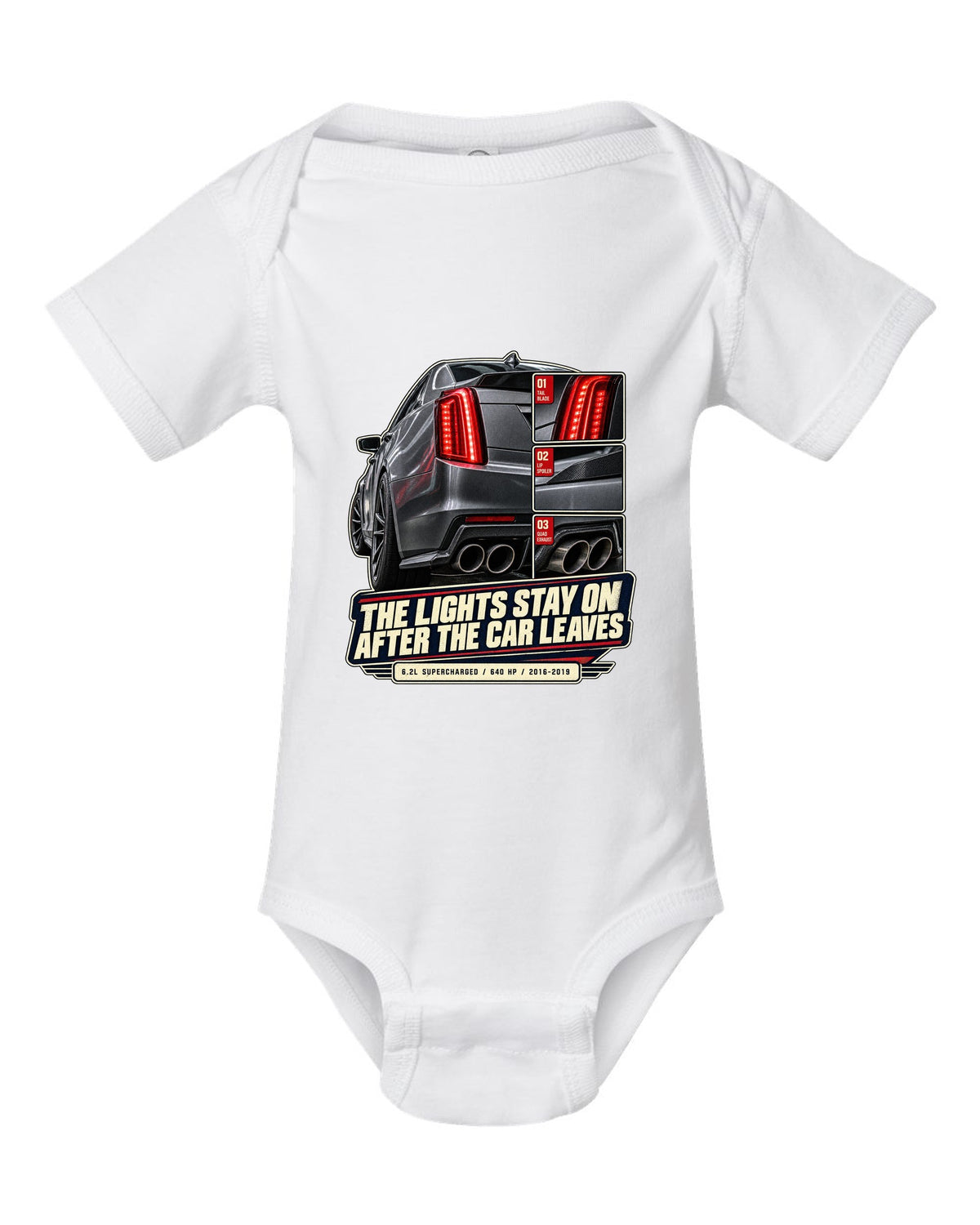 Rear taillight close-up print of a 2016-19 Cadillac CTS-V white baby onesie front view with the design