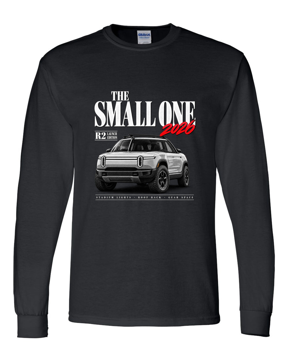 Rivian R2 2026 launch edition editorial headline reading The Small One black long sleeve front view with the design