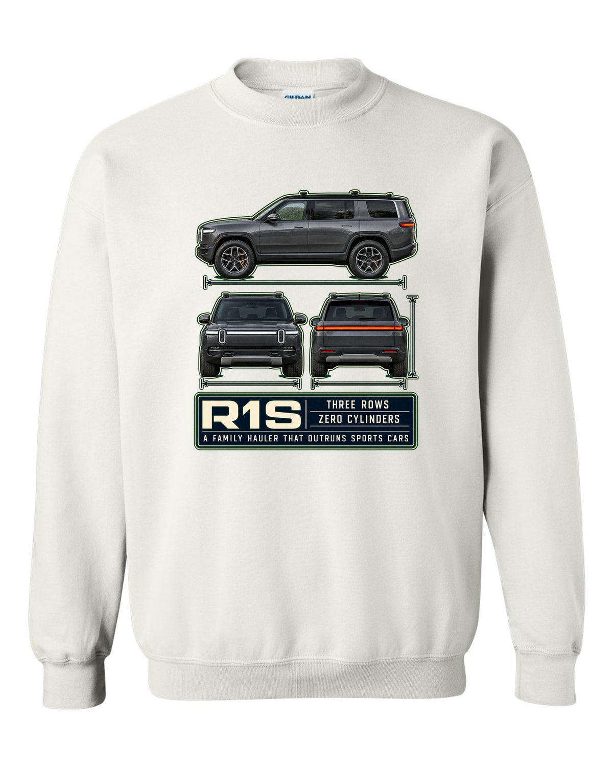 Three-view drawing with spec table print of the Rivian R1S seven-seat electric SUV white crewneck front view with the design
