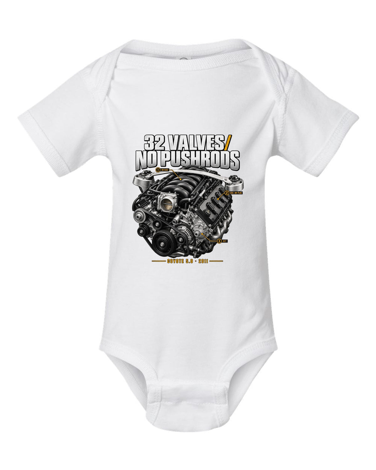 print of a Ford Mustang S197 GT 5.0 Coyote engine bay with callouts white baby onesie front view with the design