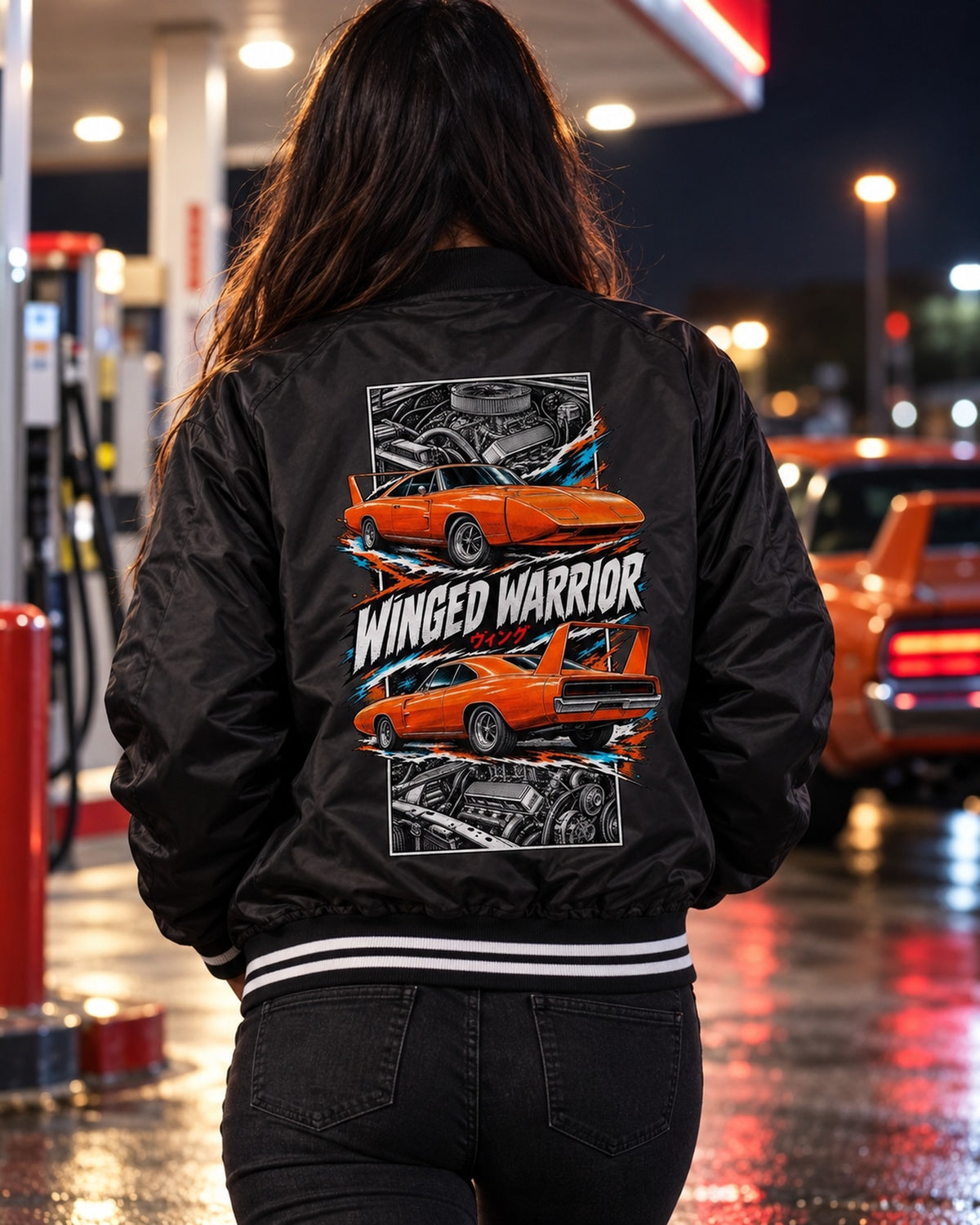 Dodge Charger Daytona Torn Poster Full-Back Graphic Tee Bomber Jacket Black worn hero