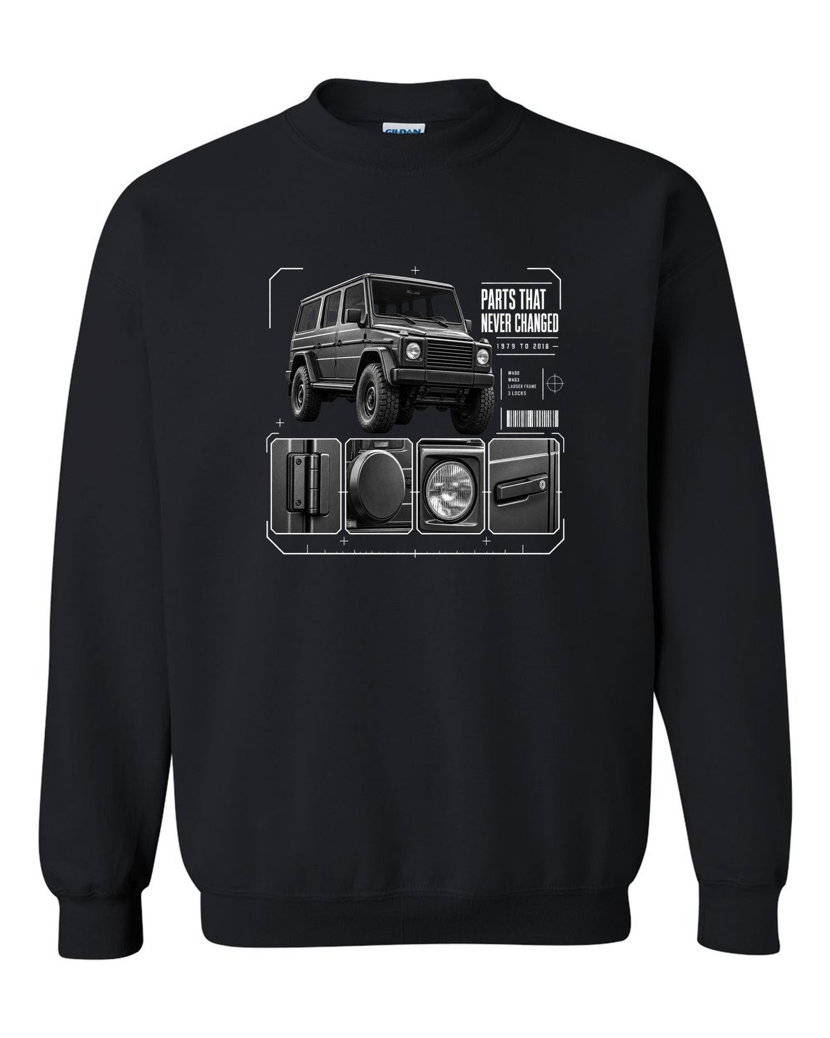 Three-panel dossier print of a Mercedes G-Class W463 with Parts T Never Changed lettering black crewneck front view with the design