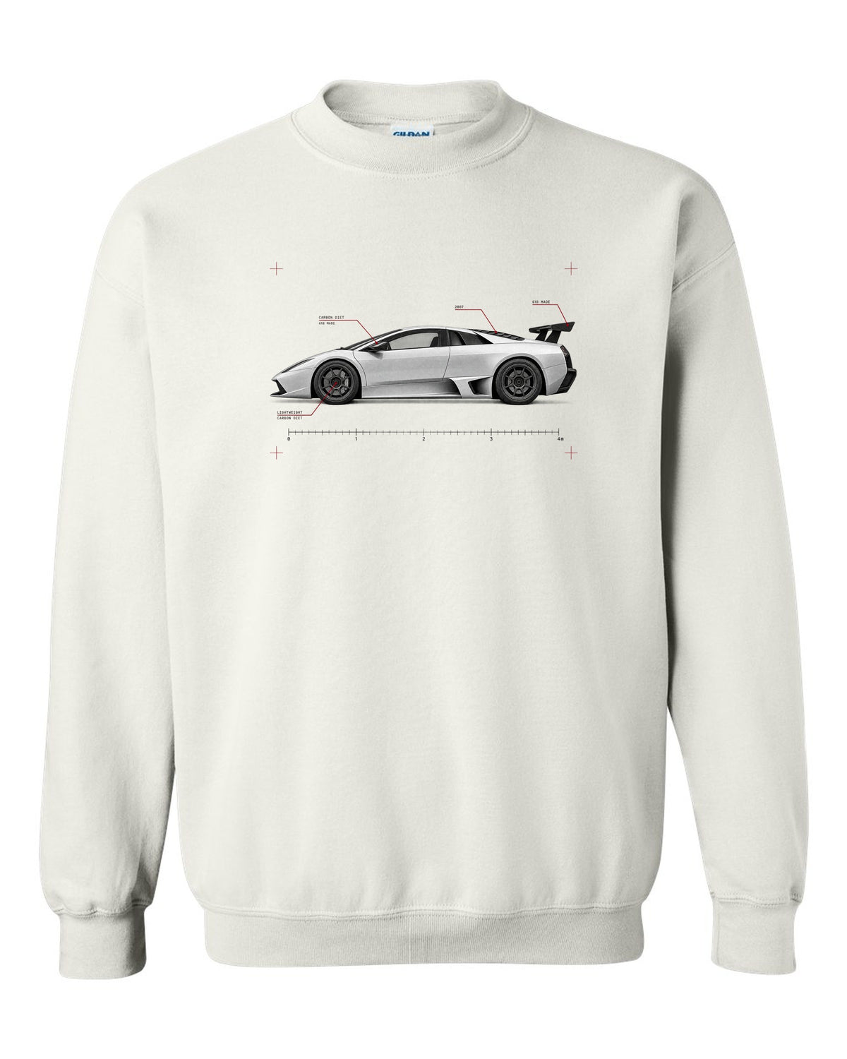 Spec poster print of a Lamborghini Gallardo Superleggera with 618 made and Carbon Diet text white crewneck front view with the design