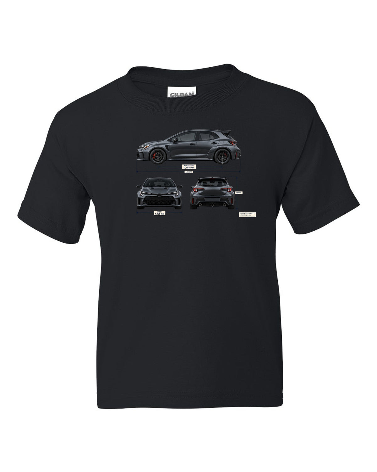 Toyota GR Corolla Core chback in Heavy Metal grey-blue with editorial headline text black kids tee front view with the design