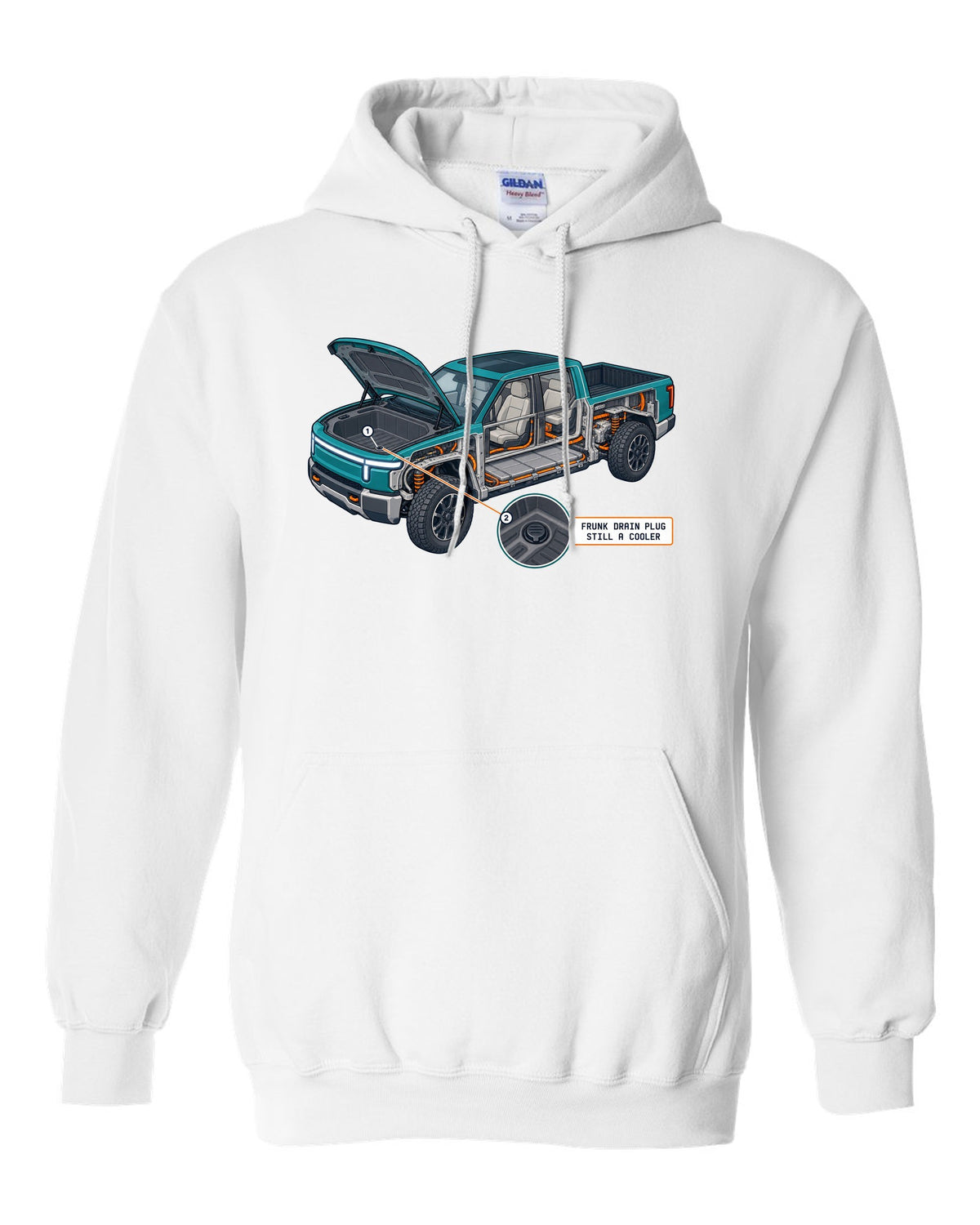 Ford F-150 Lightning isometric cutaway print showing the frunk drain plug white pull over hoodie front view with the design