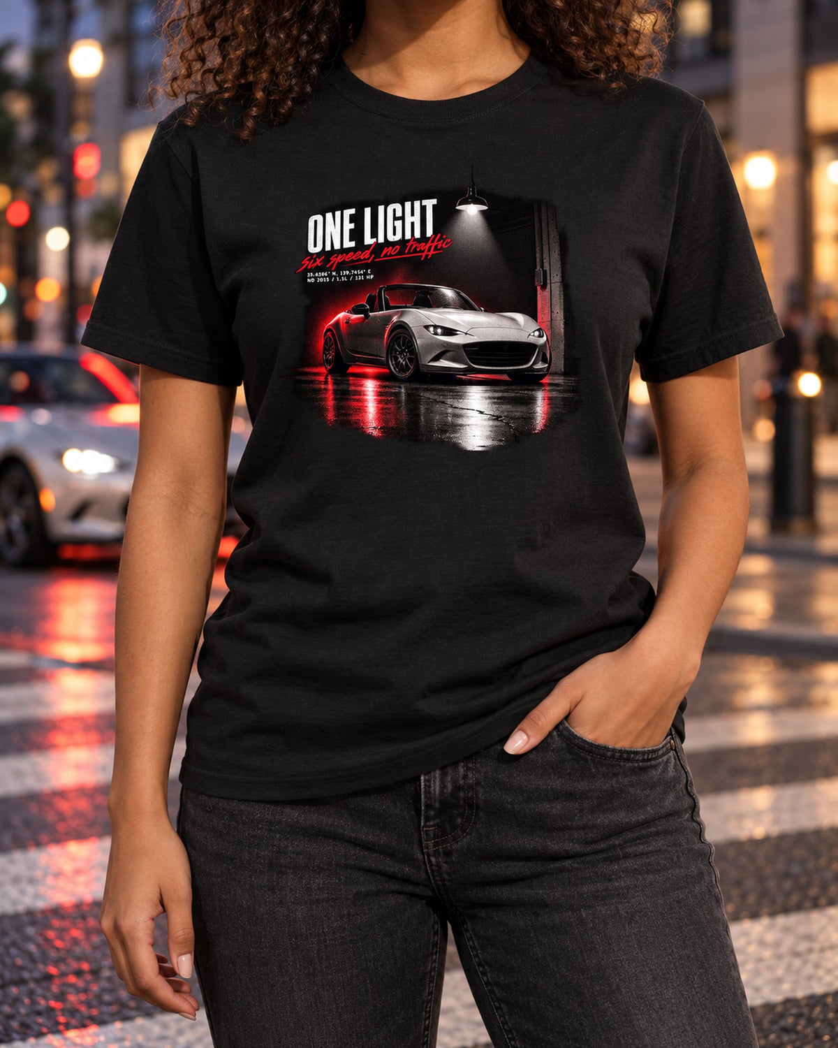 Mazda MX-5 ND Garage Night Shirt, 1.5L Six-Speed print T-Shirt Black worn hero