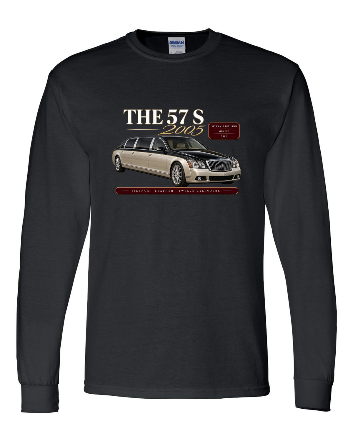 print archive panel of a Maybach 57 S W240 with text silence, leather, twelve cylinders black long sleeve front view with the design