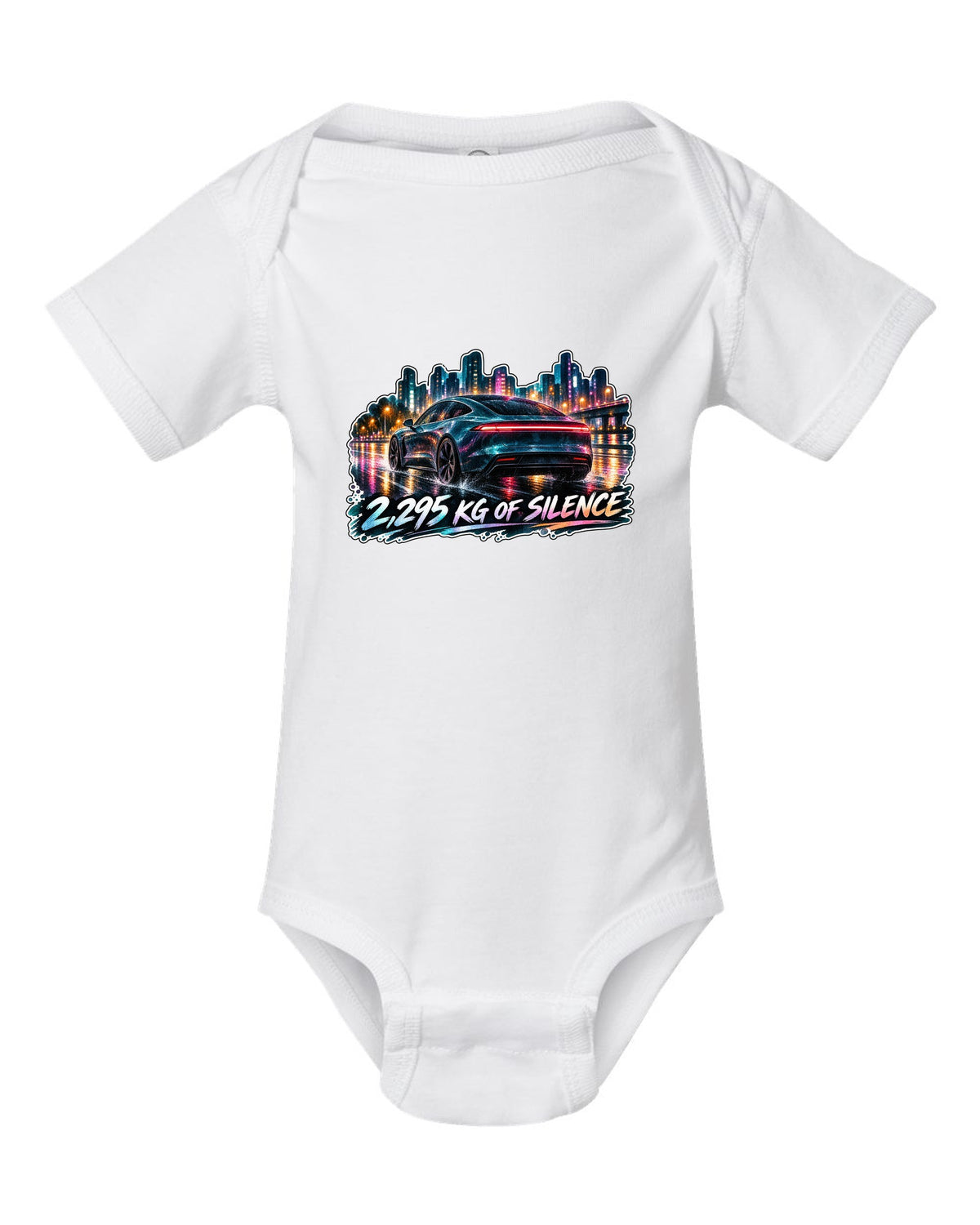 Porsche Taycan Turbo S 9J1 watercolor wet road night print with the text 2,295 kg of silence white baby onesie front view with the design