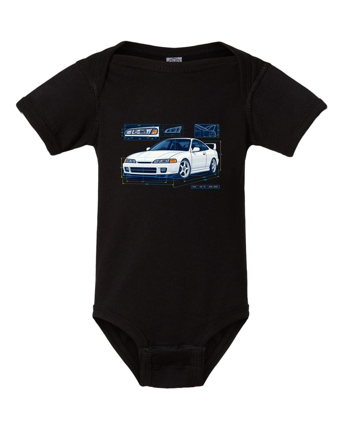 Blueprint line art of a 1995 Honda Integra DC2 headlight with B18C 195 PS Zero Boost lettering black baby onesie front view with the design