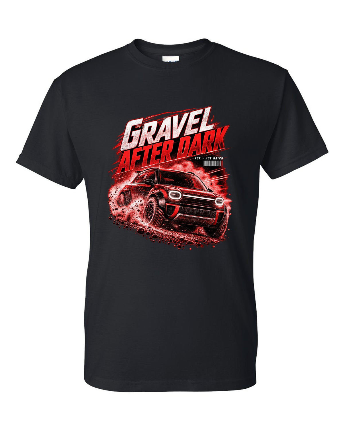 Rivian R3X hot ch with rally flares on a gravel road at night black t-shirt front view with the design