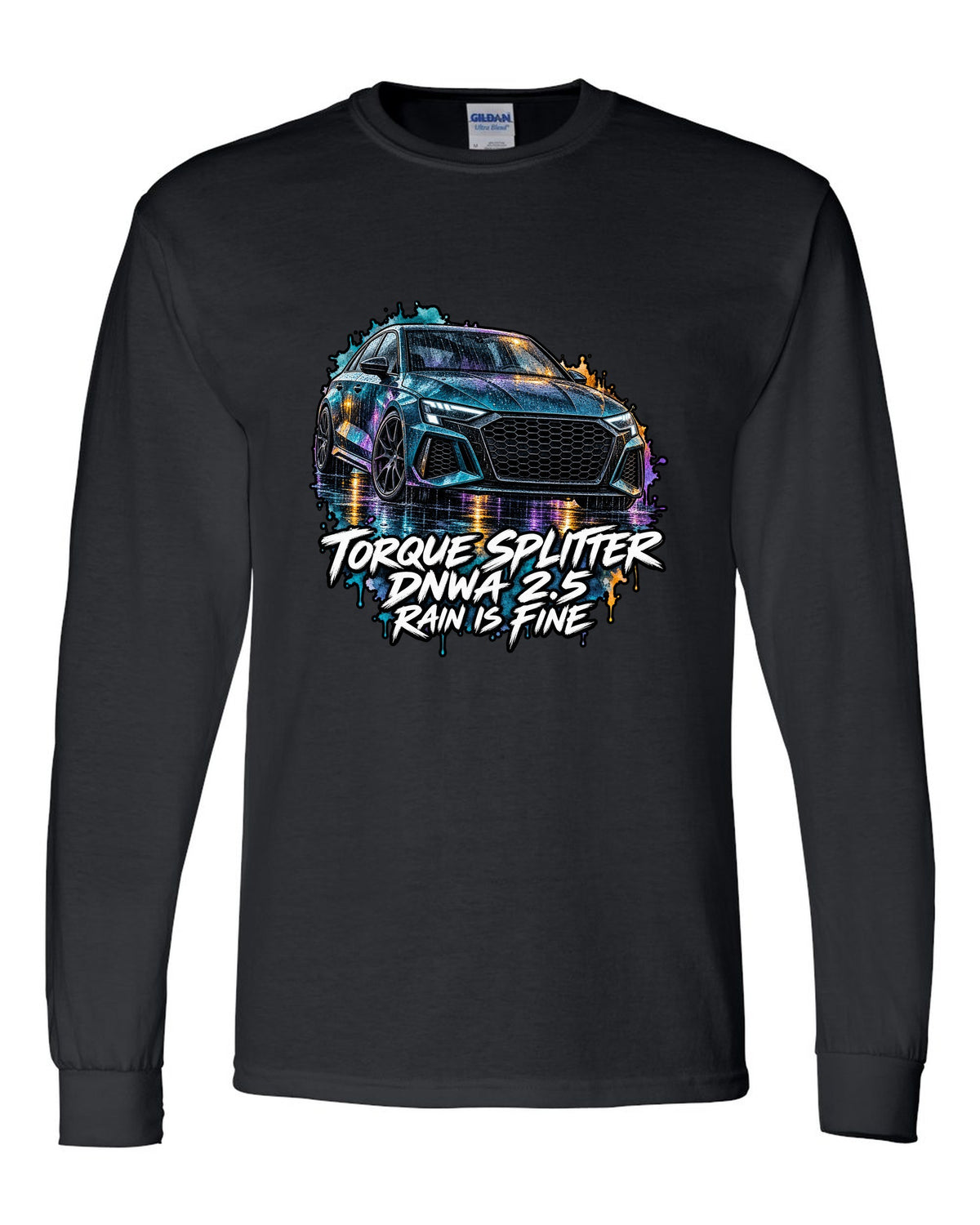 Watercolour wash print of an Audi RS3 8Y with Rain Is Fine lettering black long sleeve front view with the design
