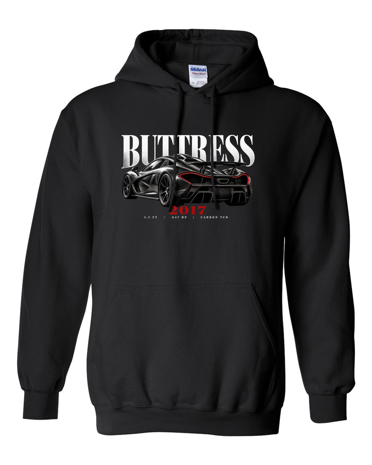 Ford GT 2017-22 buttress editorial print with 3.5 TT, 647 HP and carbon tub text black pull over hoodie front view with the design