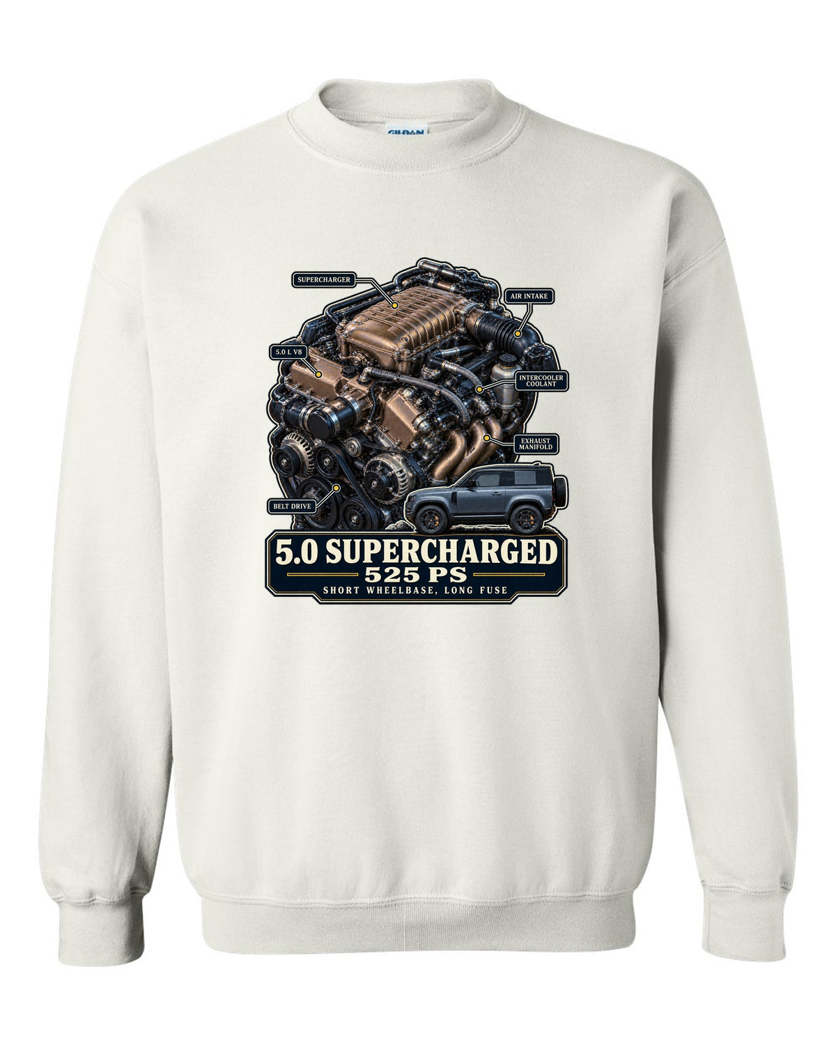 Engine hero print of the Land Rover Defender 90 V8 5.0 supercharged L663 white crewneck front view with the design