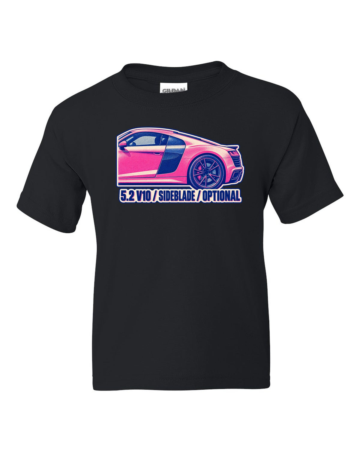 Risograph two-ink print of an Audi R8 4S with 5.2 V10 and Sideblade text black kids tee front view with the design