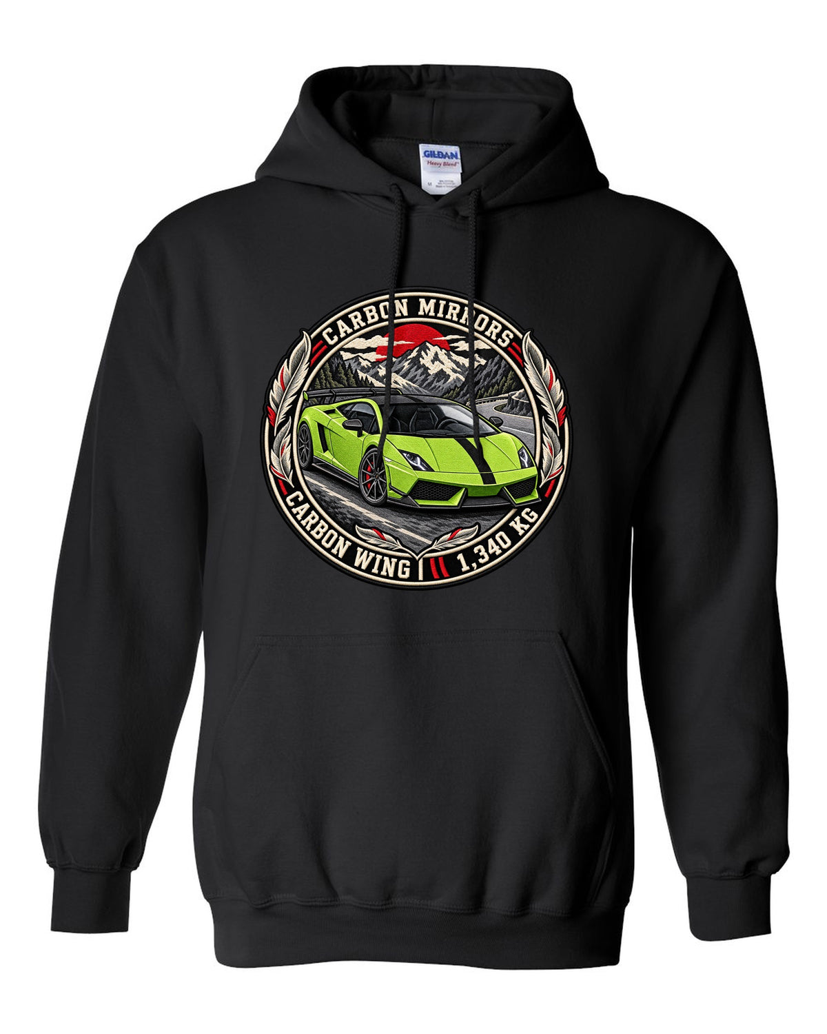 Round embroidery-style crest of a Lamborghini Gallardo LP570-4 Superleggera with carbon mirrors and wing text black pull over hoodie front view with the design