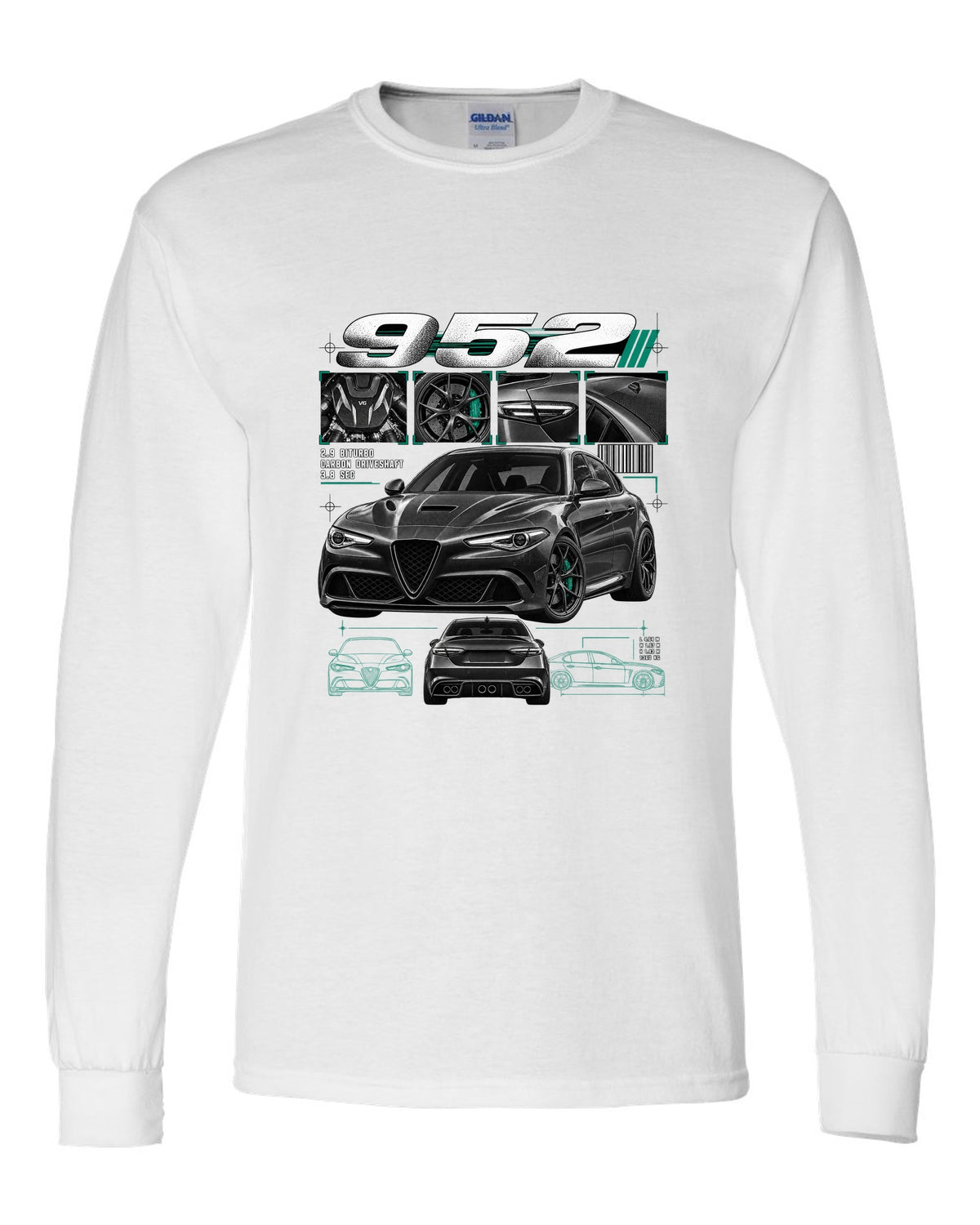 Dossier panel print of an Alfa Romeo Giulia Quadrifoglio 952 with 2.9 biturbo and carbon driveshaft text white long sleeve front view with the design