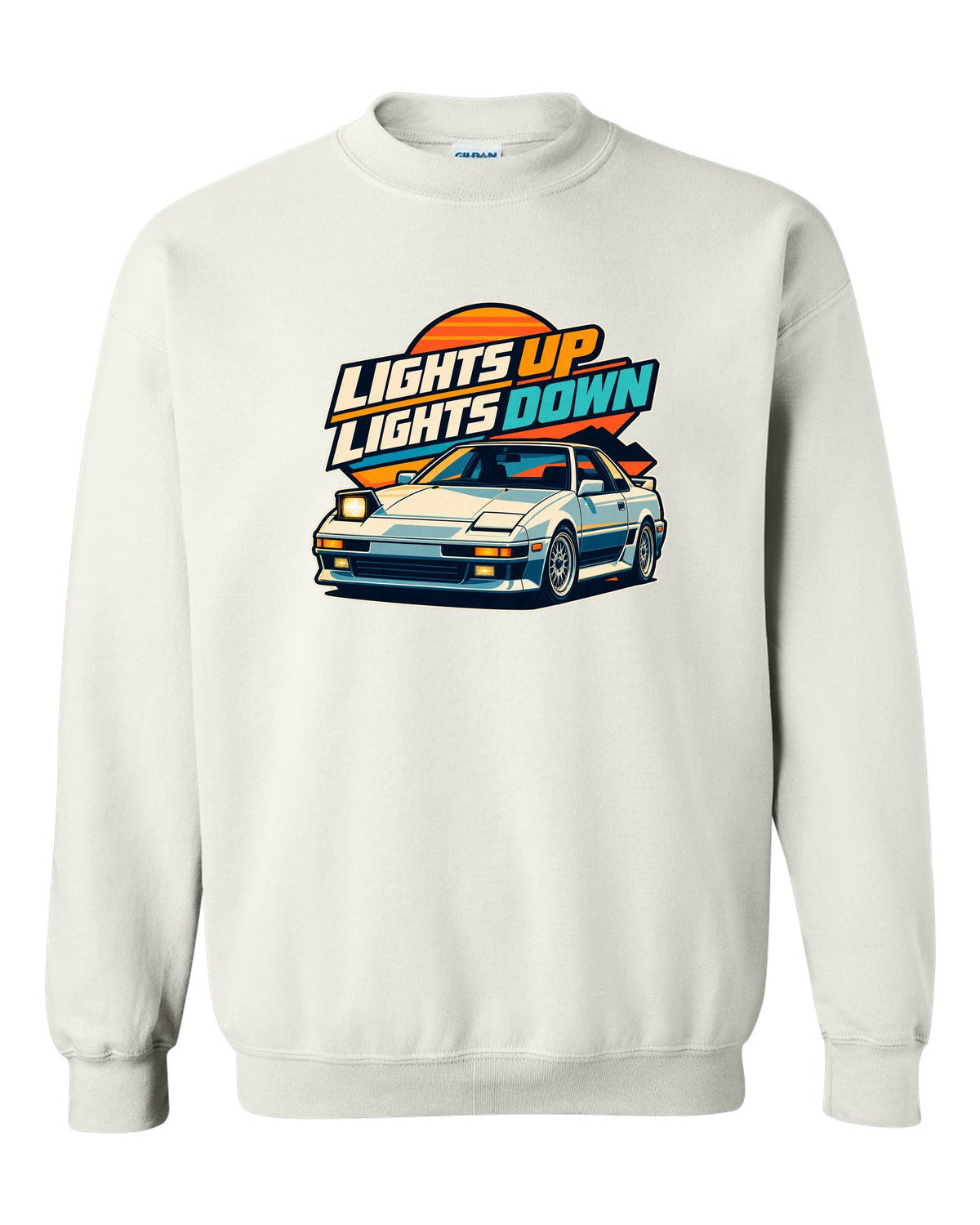 Pixel art of a Toyota AE86 Sprinter Trueno with pop-up headlights raised white crewneck front view with the design