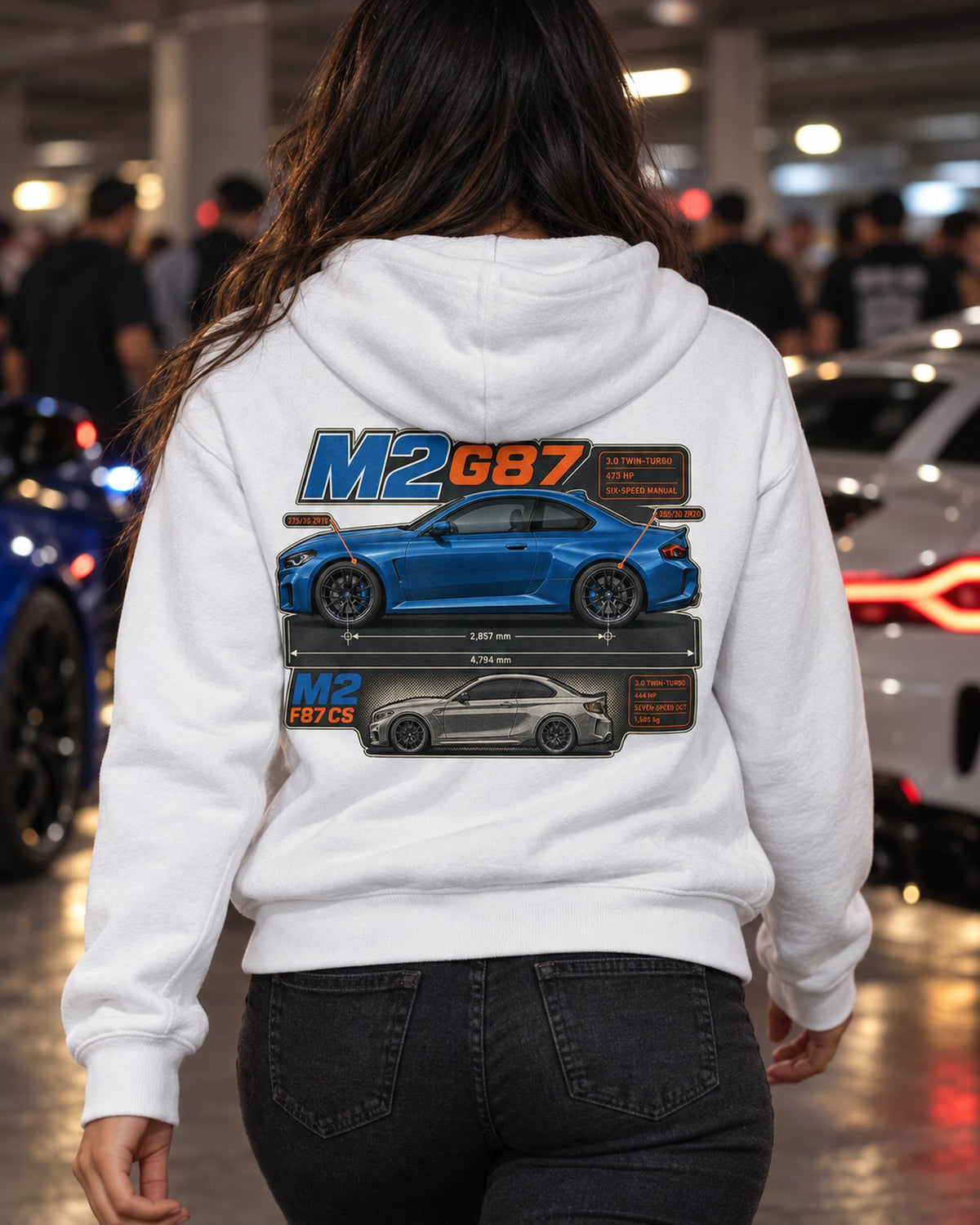 BMW M4 G82 Dimension Blueprint Shirt, Six-Speed Manual Car Tee Zip Hoodie White worn hero