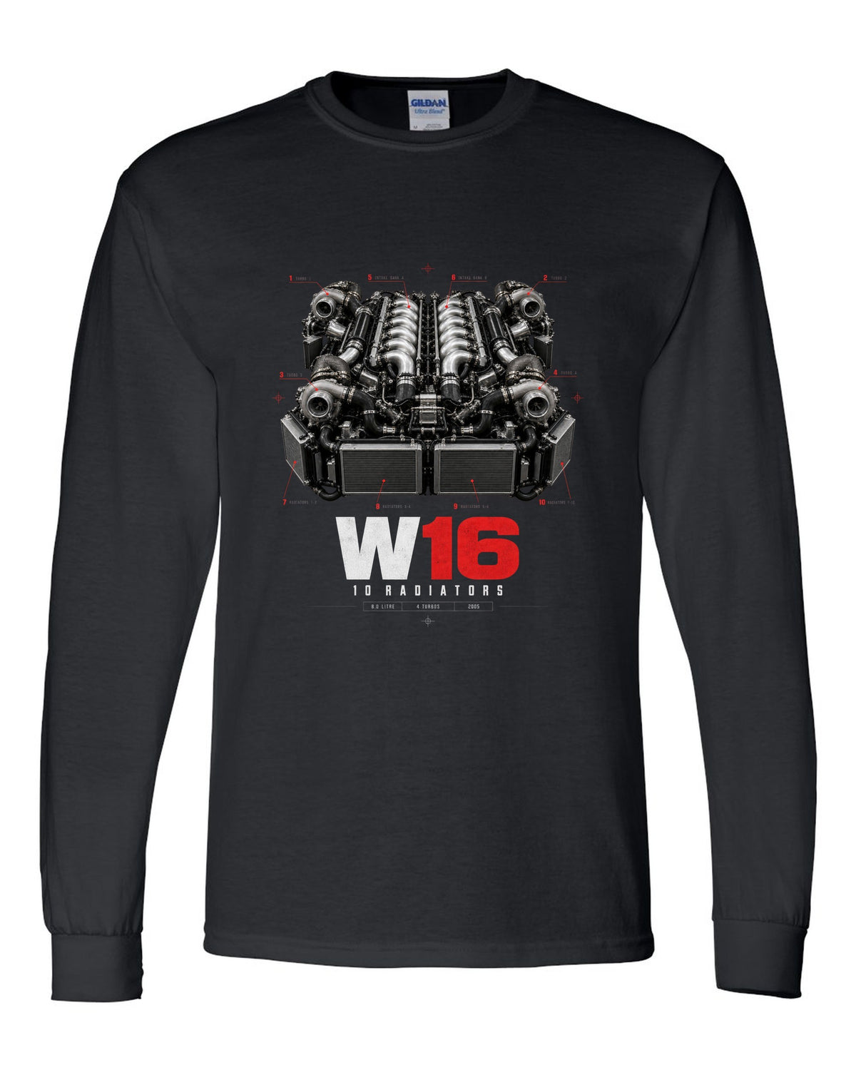 Bugatti Veyron 16.4 W16 engine poster with ten radiators black long sleeve front view with the design
