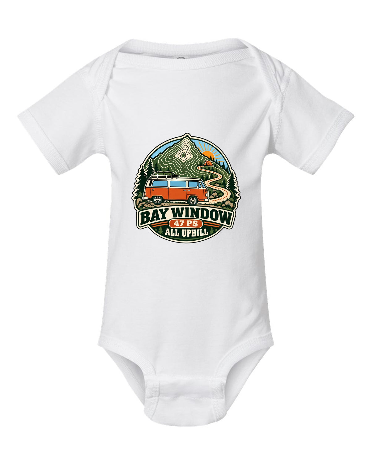 Topographic route map style print of a VW Bus T2 Bay Window with 47 PS all uphill text white baby onesie front view with the design