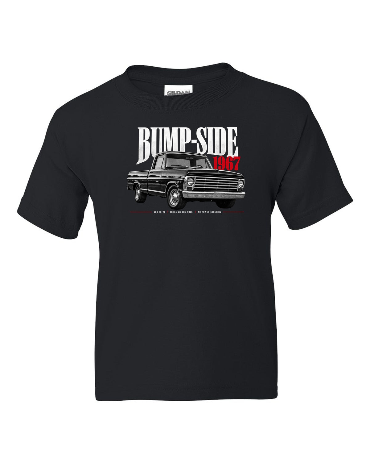 Ford F-Series Bump-Side 1967 360 FE V8 Editorial Graphic Tee black kids tee front view with the design