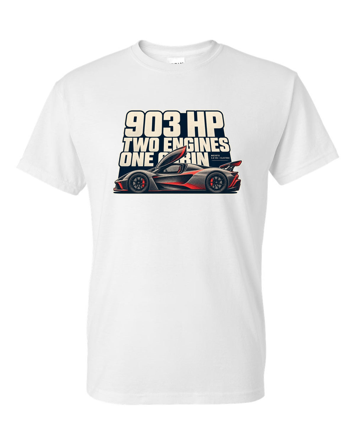 Halftone print of a McLaren P1 in warm grey and red, 903 HP two engines white t-shirt front view with the design