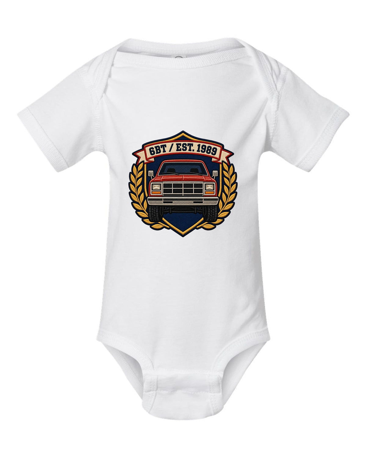 Varsity shield crest print for a first-generation Dodge Ram D250 6BT Cummins white baby onesie front view with the design