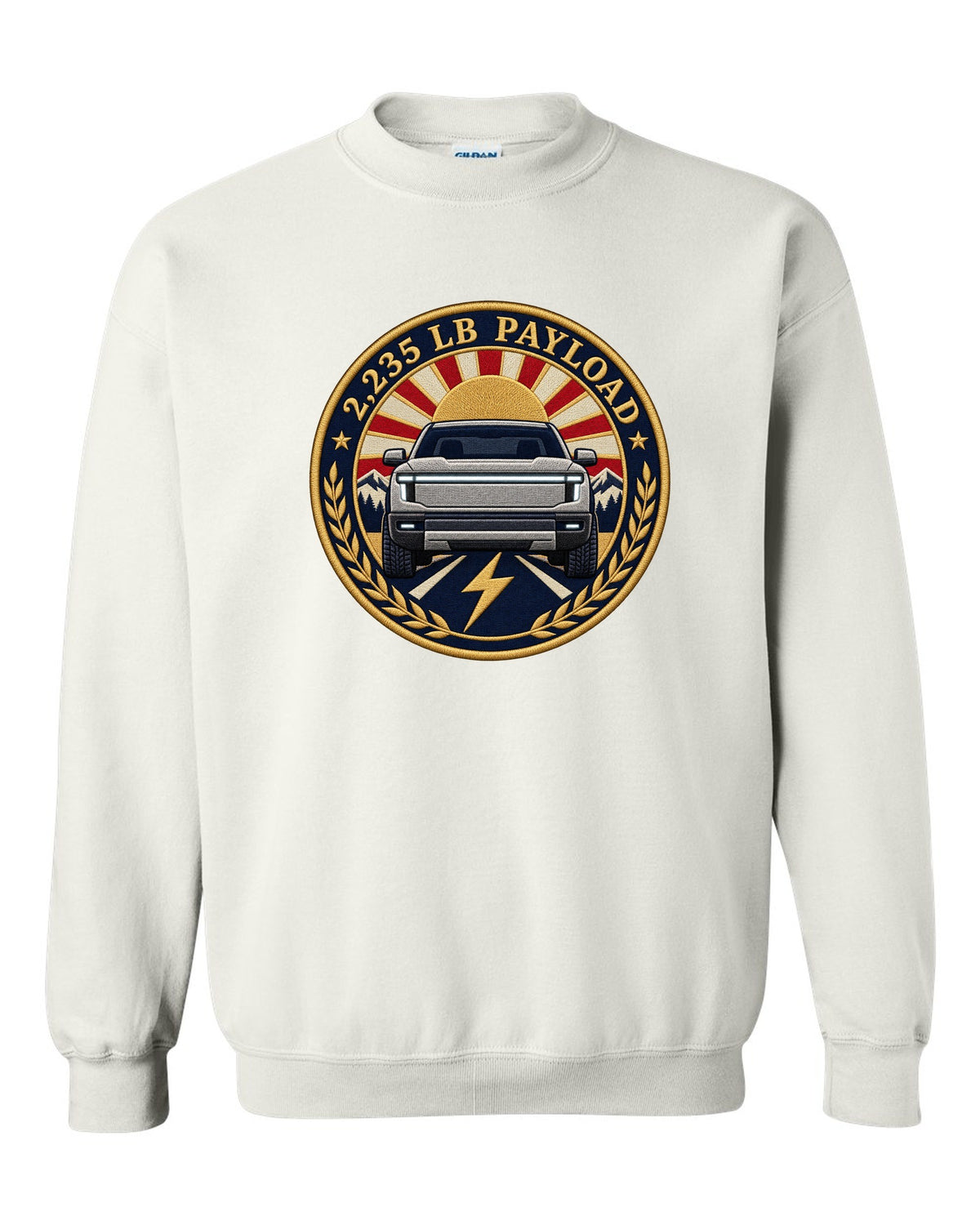 Ford F-150 Lightning embroidery-style round crest with 2,235 lb payload text white crewneck front view with the design
