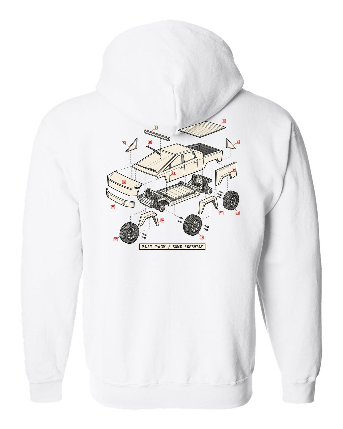 Isometric exploded-view patent drawing of a 2023 Tesla Cybertruck with the words Flat Pack Some Assembly white zip hoodie back view with the design