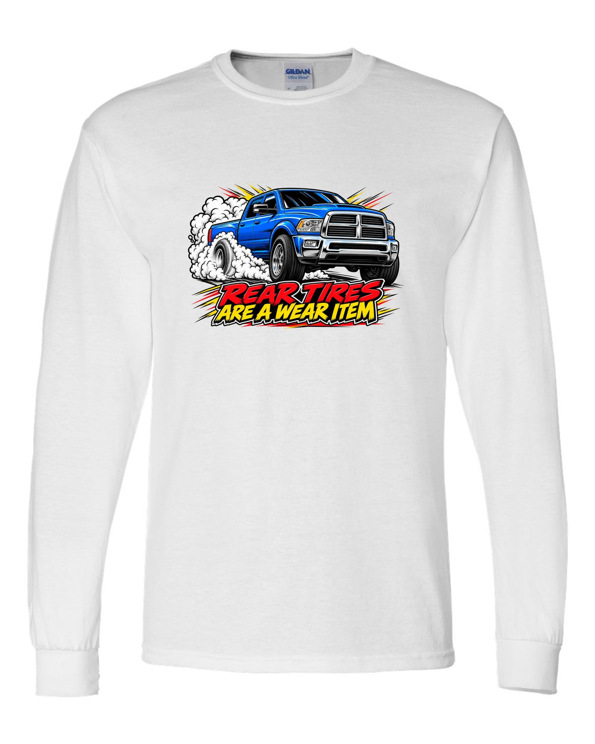 Comic ink burnout print of a 2003-2009 Dodge Ram 2500 5.9 Cummins HO white long sleeve front view with the design