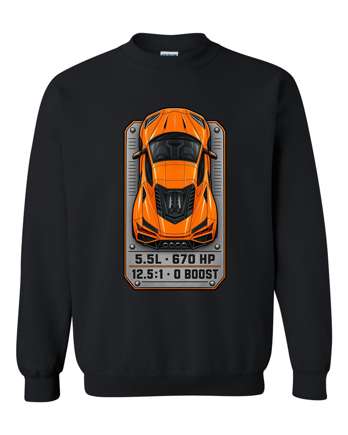 80s airbrush chrome style design of a 2025 C8 Corvette ZR1 black crewneck front view with the design