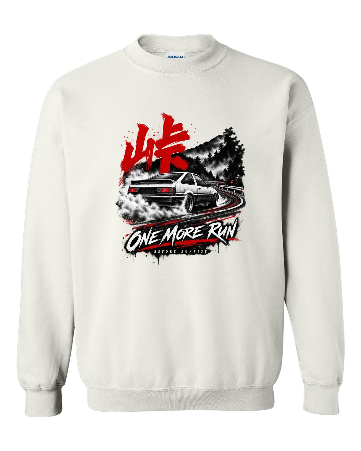 print of a Toyota AE86 Corolla Levin on a night touge road with kanji white crewneck front view with the design
