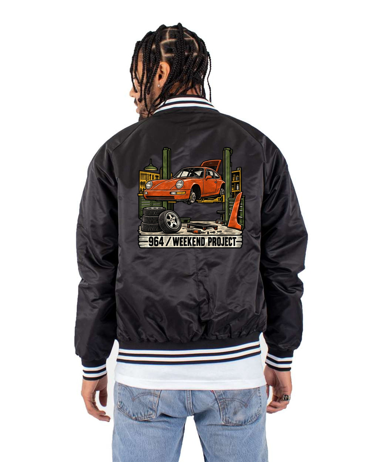 Porsche 964 Weekend Project Linocut Shirt, Outlaw 911 Bomber Jacket Black back