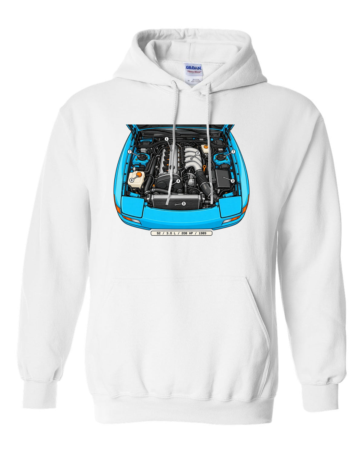 Technical callout diagram of the Porsche 944 S2 engine bay white pull over hoodie front view with the design
