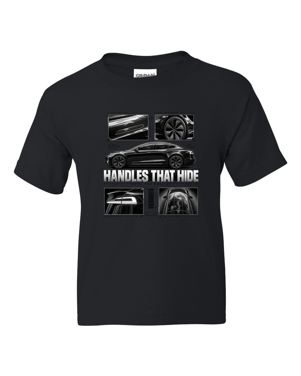 Tesla Model S Raven Side Profile Dossier black kids tee front view with the design