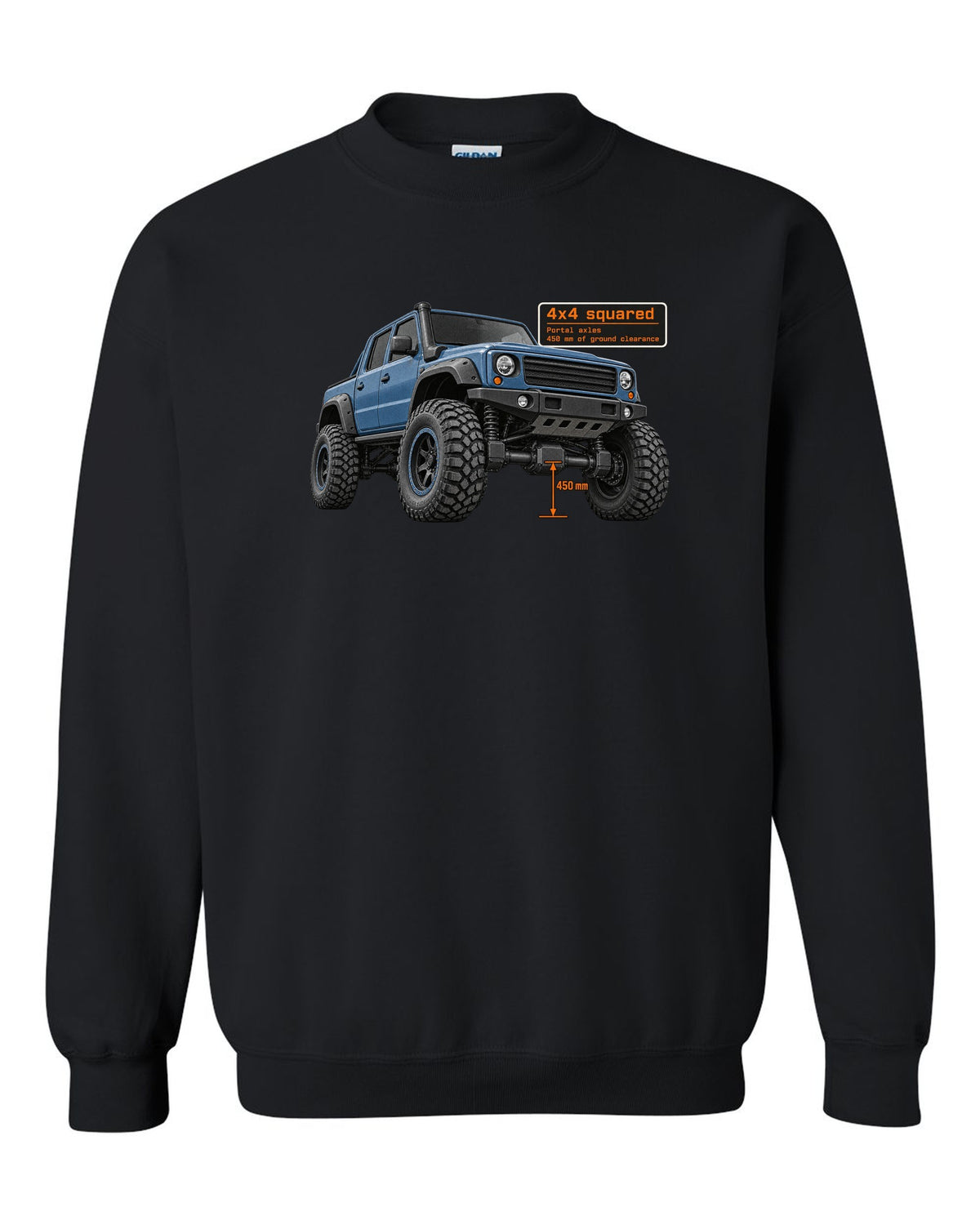 Halftone print of a Mercedes-AMG G63 4x4 squared W463 black crewneck front view with the design