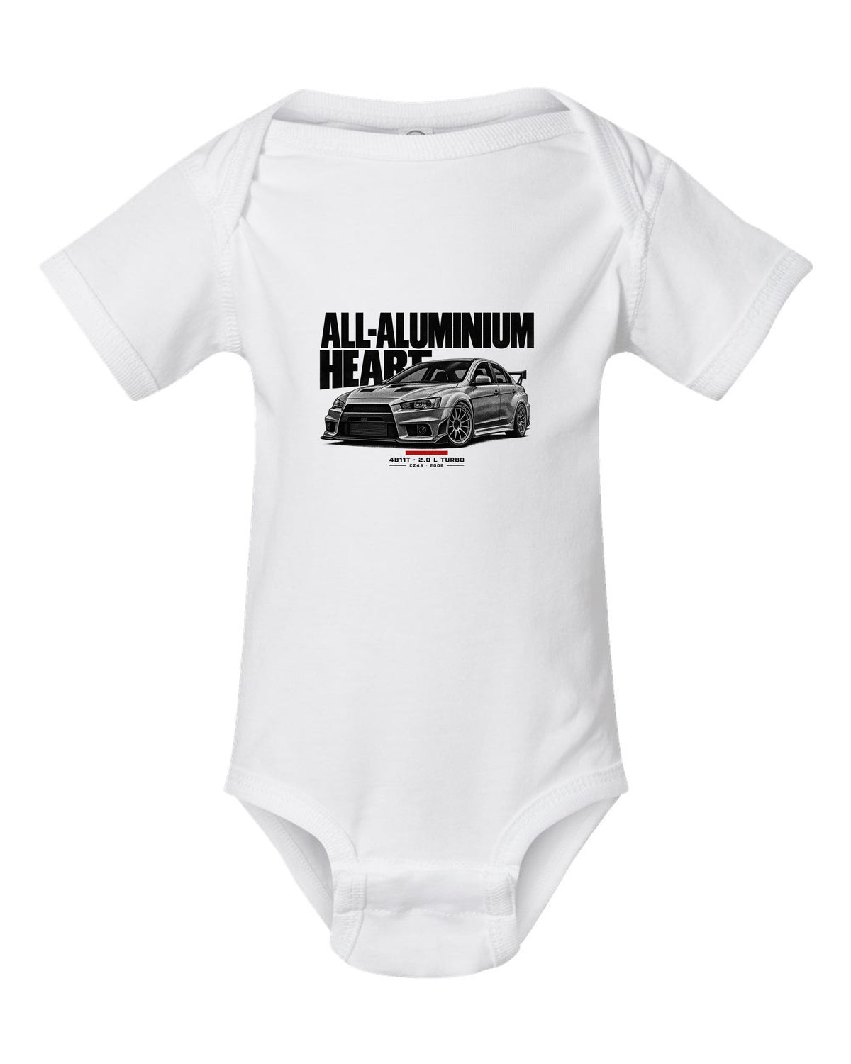 Halftone Mitsubishi Lancer Evolution X CZ4A with all-aluminium 4B11T text white baby onesie front view with the design