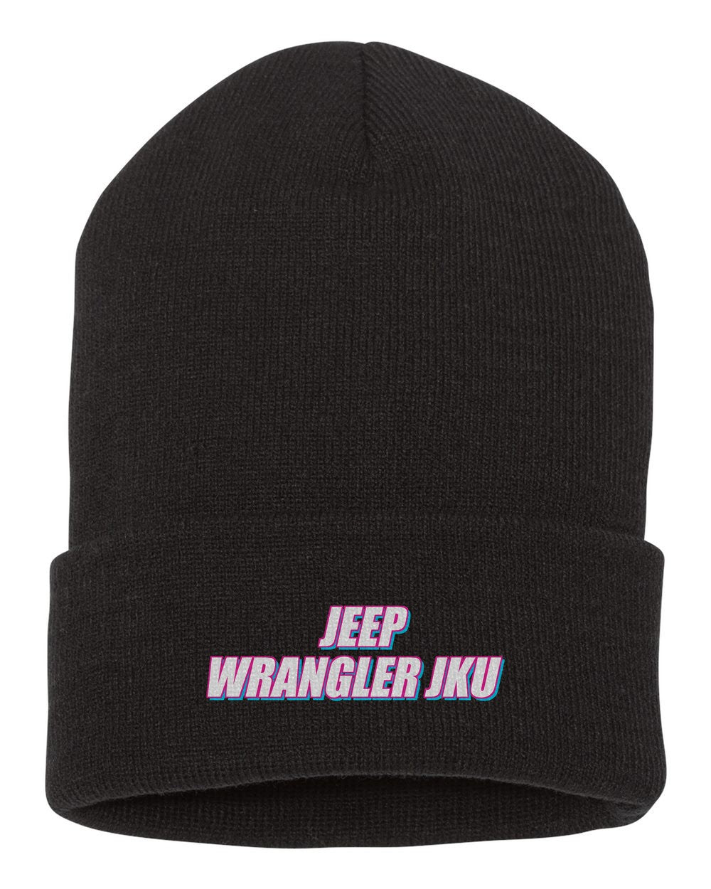 Jeep Wrangler Jku black beanie front view with car name