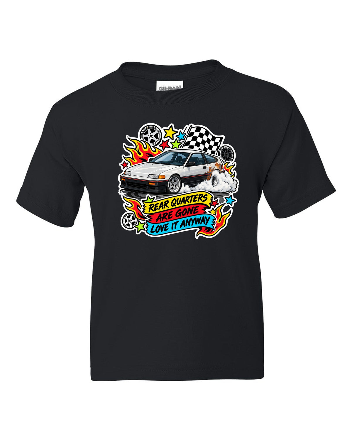 Sticker-bomb collage Honda CRX EF8 print with rusted rear quarters joke black kids tee front view with the design