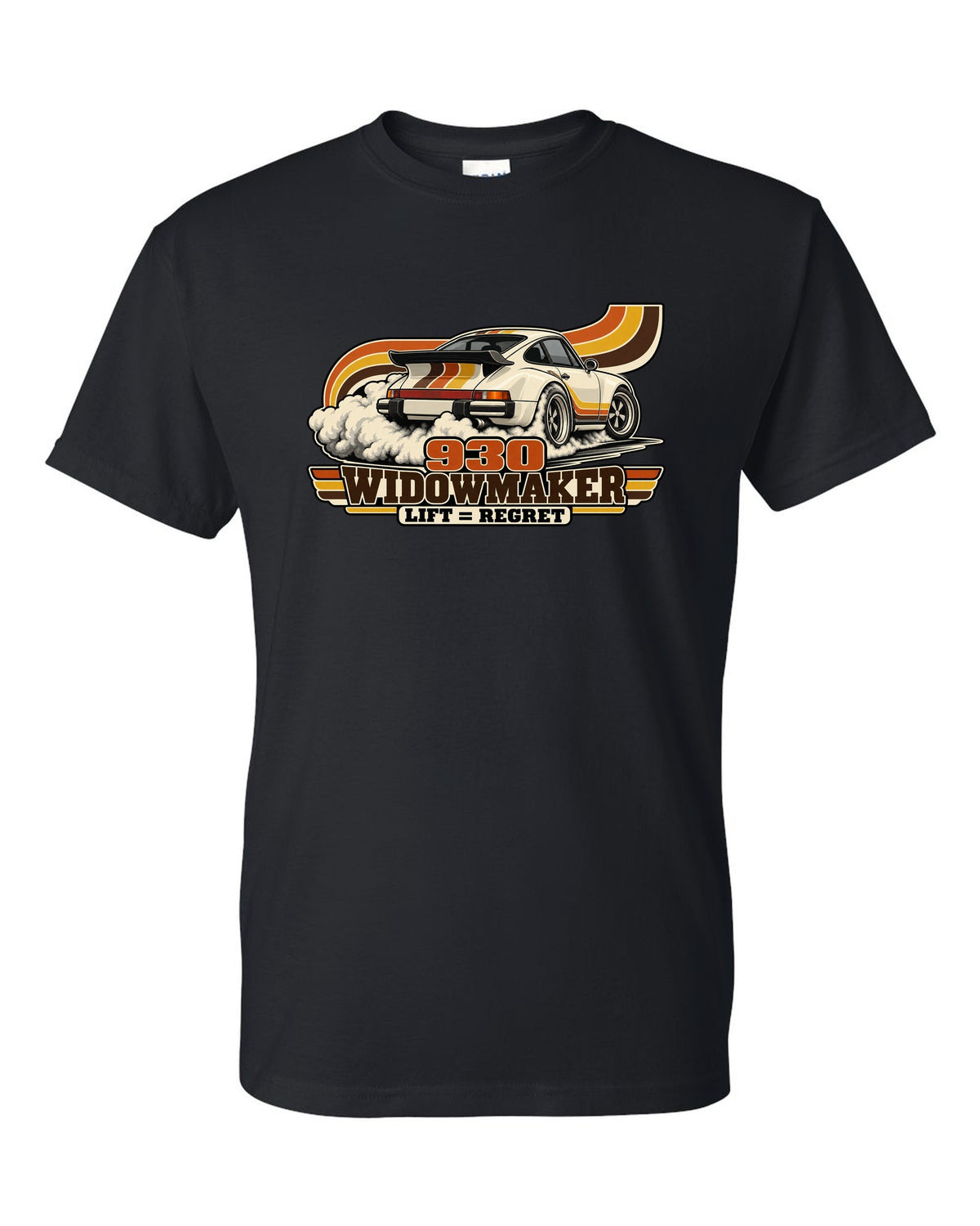 Retro 70s striped illustration of a Porsche 911 Turbo 930 with whale tail black t-shirt front view with the design