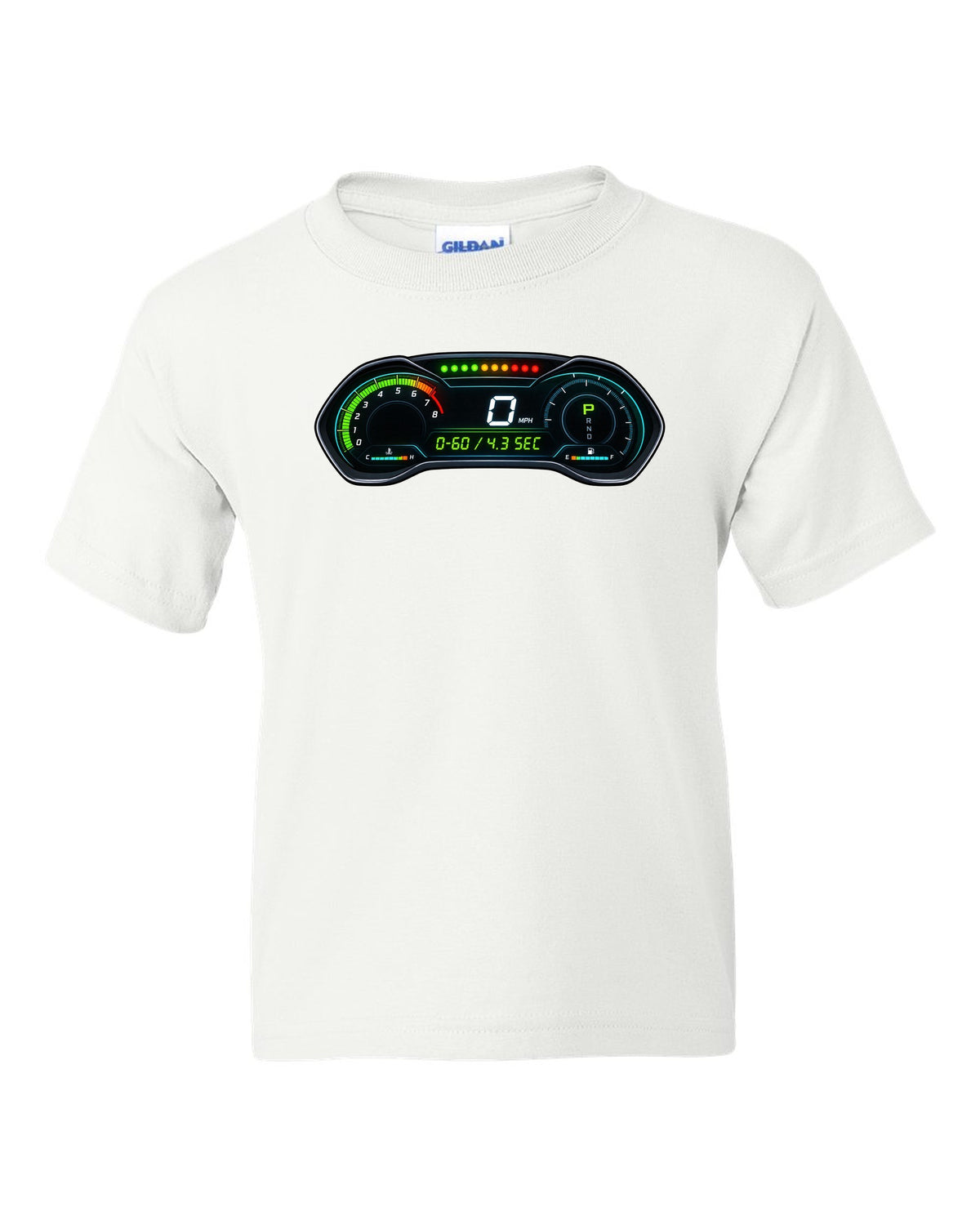 Retro manga halftone panel print of an S550 Mustang fastback doing a line lock burnout white kids tee front view with the design