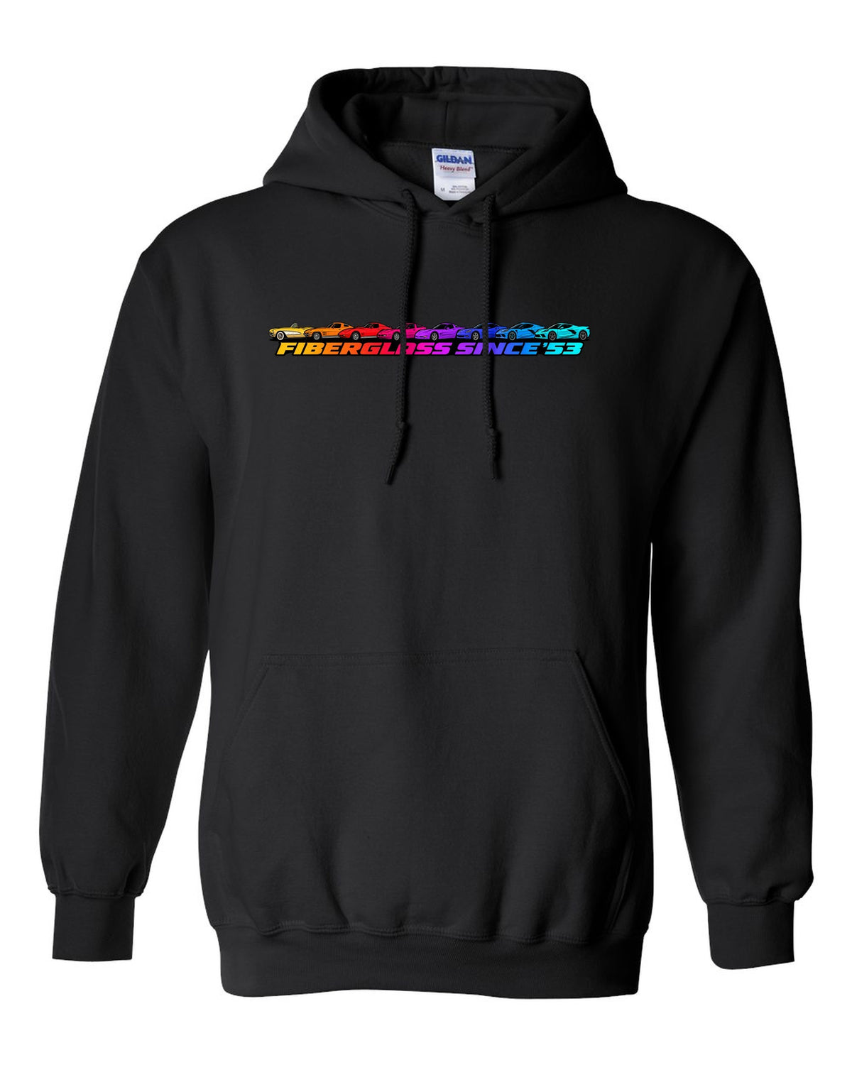 Flat gradient silhouette lineup of eight Chevrolet Corvette generations C1 to C8 with Fiberglass Since '53 text black pull over hoodie front view with the design