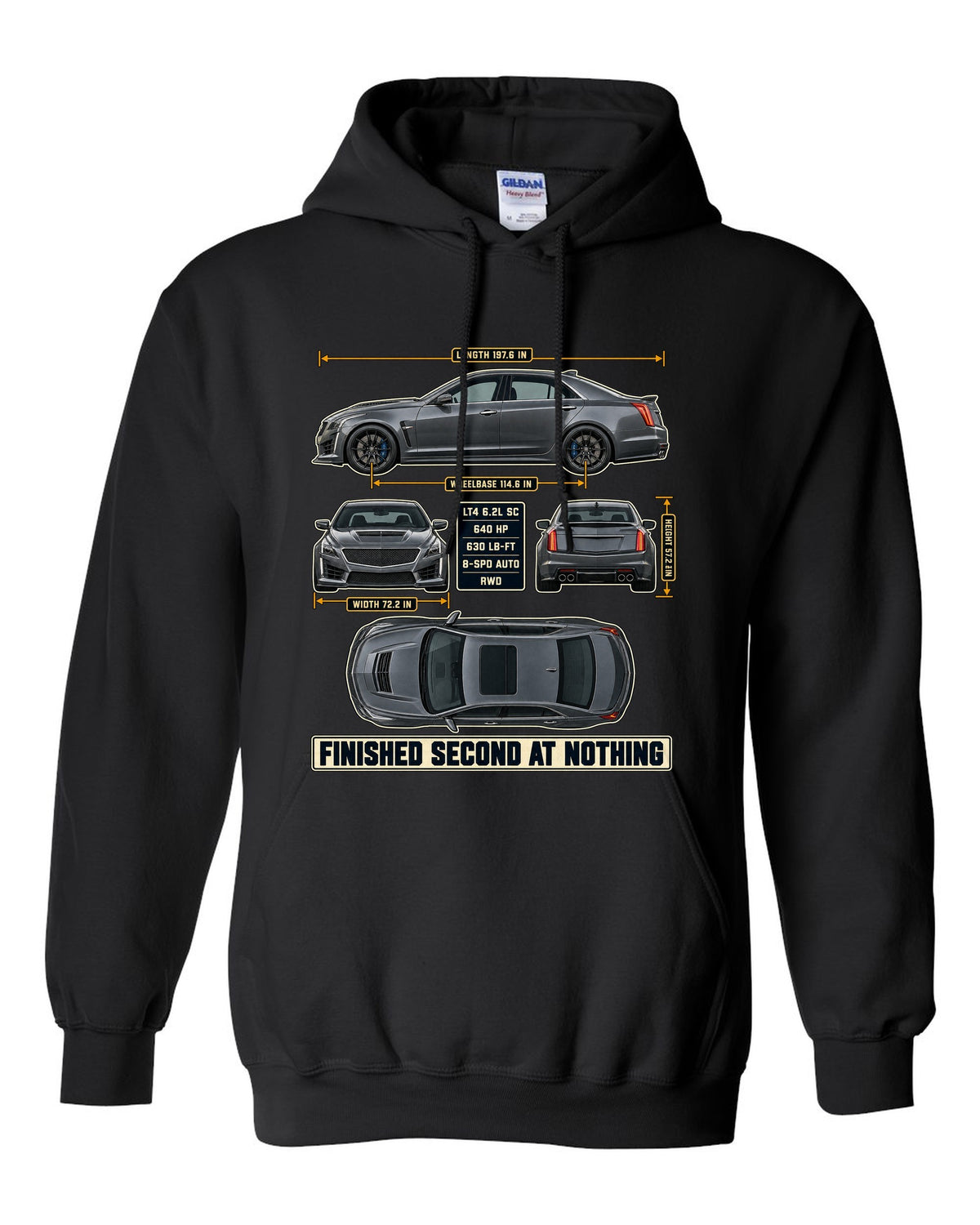 Dimension blueprint print of a 2016-19 Cadillac CTS-V sedan black pull over hoodie front view with the design