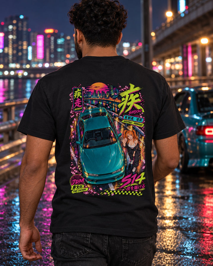 SHISSO S14 Anime Girl Full-Back Graphic Tee T-Shirt Black worn hero