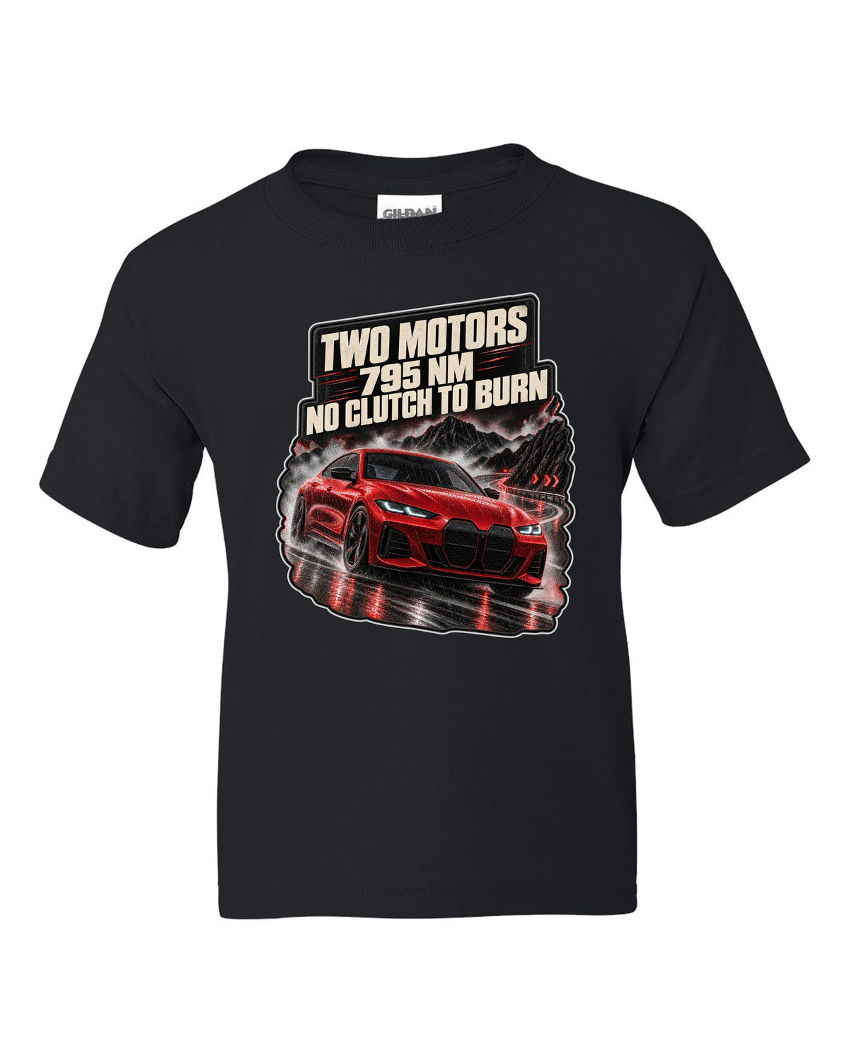 Night touge road print of a BMW i4 M50 G26 with two motors and 795 Nm black kids tee front view with the design