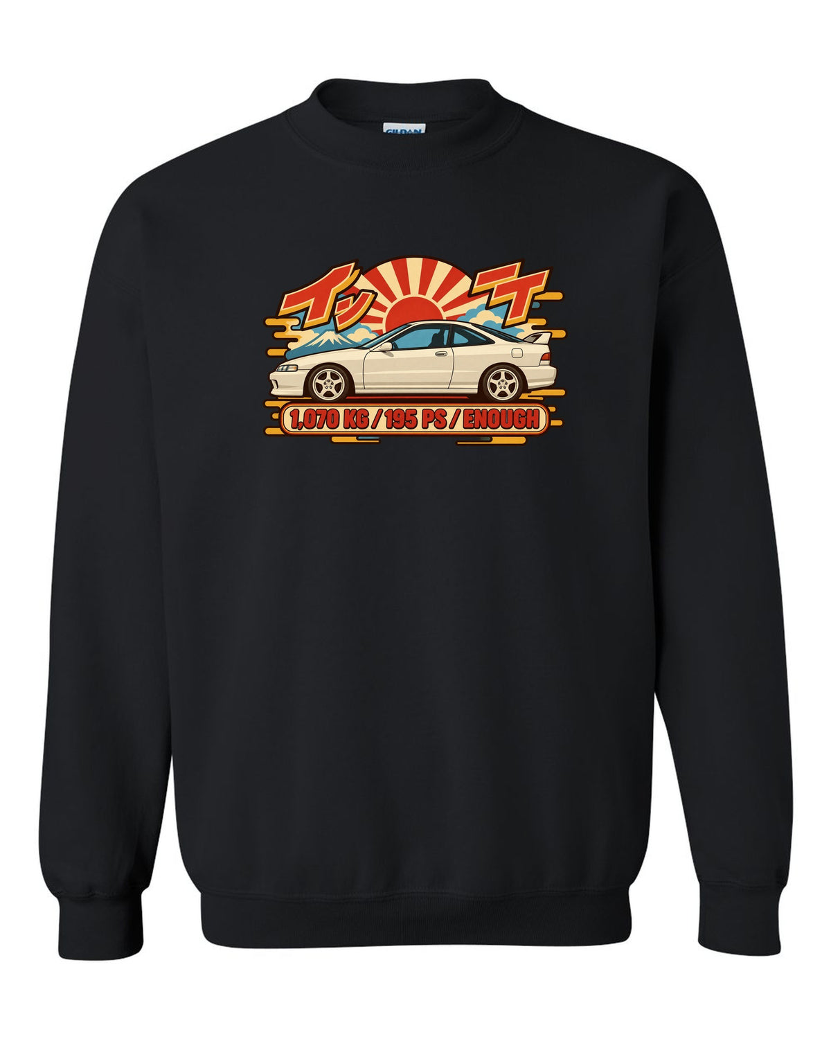 Showa catalogue ad style print of a 1995 Honda Integra DC2 coupe with 1,070 KG and 195 PS text black crewneck front view with the design